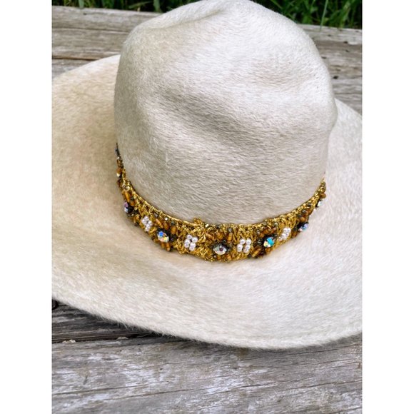 Vintage 1960s Felted Wool Bucket Hat Rhinestone Pearl Band Helios Jan Leslie - Picture 8 of 16